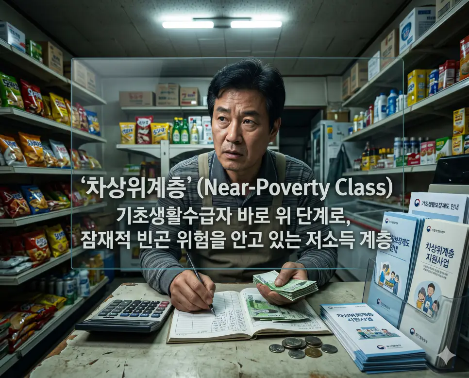 차상위계층(Near-Poverty Class)의 경제적 개념을 즉각적으로 인지할 수 있도록, 작은 동네 소상공인 가게 책상 위 형광등 조명 아래에서 성실하게 일하는 중년의 한국인 가장이 다소 걱정스러우면서도 굳건한 표정으로 매장 하루 수입 가계부 서류를 정산하고 있고 그 옆으로 정부 저소득층 복지 지원 신청 안내 책자들이 놓여 있는 모습을 묘사한 고해상도 실사 이미지입니다. 기초생활수급자 바로 위 단계에서 잠재적 빈곤 위험에 노출된 채 열심히 살아가는 근로 빈곤 계층의 현실을 인물의 표정과 서사적 상황을 통해 직관적으로 시각화했습니다.