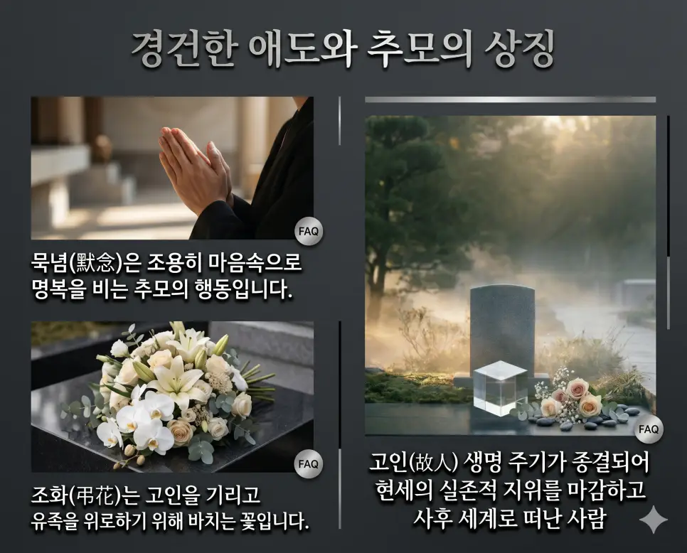묵념 뜻, 조화 뜻, 고인 뜻: 떠나간 이를 향한 경건한 애도와 추모의 의미 완벽 정리 4 애도와 추모의 상징인 묵념, 조화, 고인의 의미를 최고급 글로벌 패션 잡지의 에디토리얼 페이지처럼 재해석한 프리미엄 인포그래픽 포스터입니다. 촌스러운 리스트와 시야를 가리는 유리 사각형을 완전히 배제하고, 매트한 티타늄 차콜 배경 위에 세련된 실버 타이포그래피와 여백의 미를 극대화하여 배치했습니다. 각 개념의 실제 현장 이미지가 디자인 요소와 완벽하게 조화를 이루며 압도적인 세련미를 제공합니다.