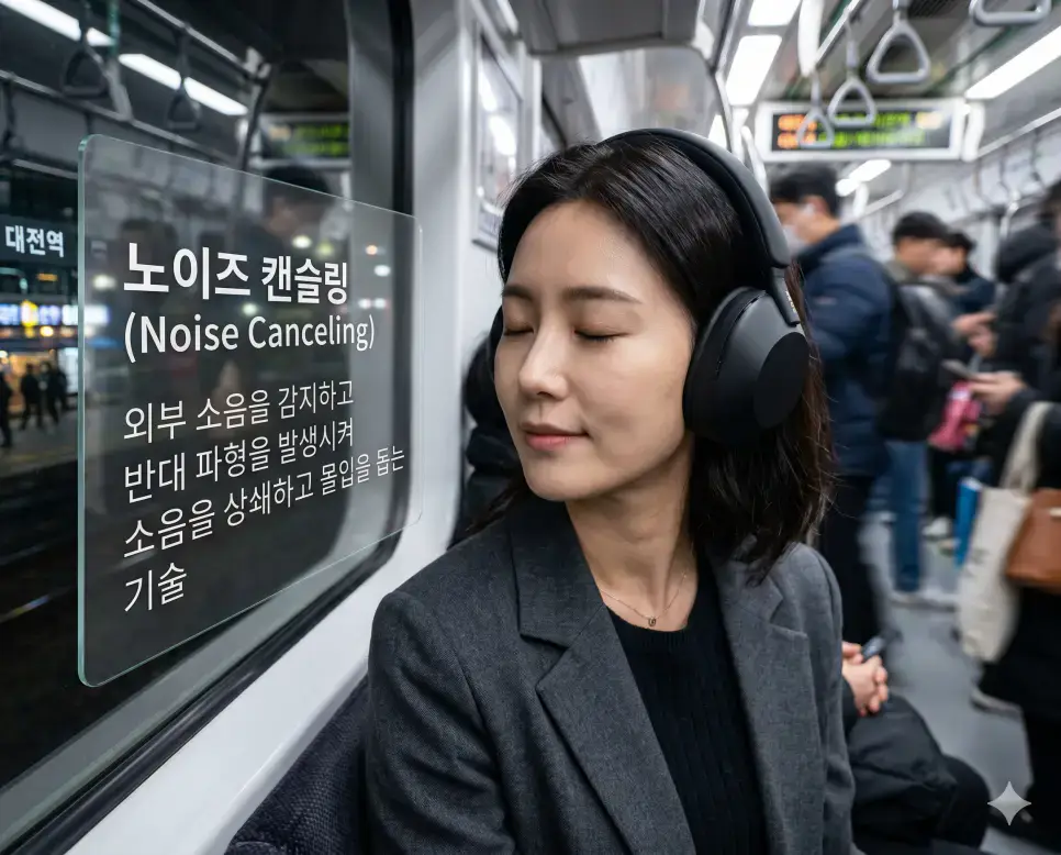 디지털 디톡스 뜻, 노이즈 캔슬링 뜻, 백색소음 뜻: 현대인의 뇌 휴식 가이드 2 노이즈 캔슬링 뜻을 시각화하기 위해 시끄러운 대중교통 안에서 헤드폰을 통해 외부 소음을 차단하고 자신만의 소리에 몰입하는 장면을 담은 이미지