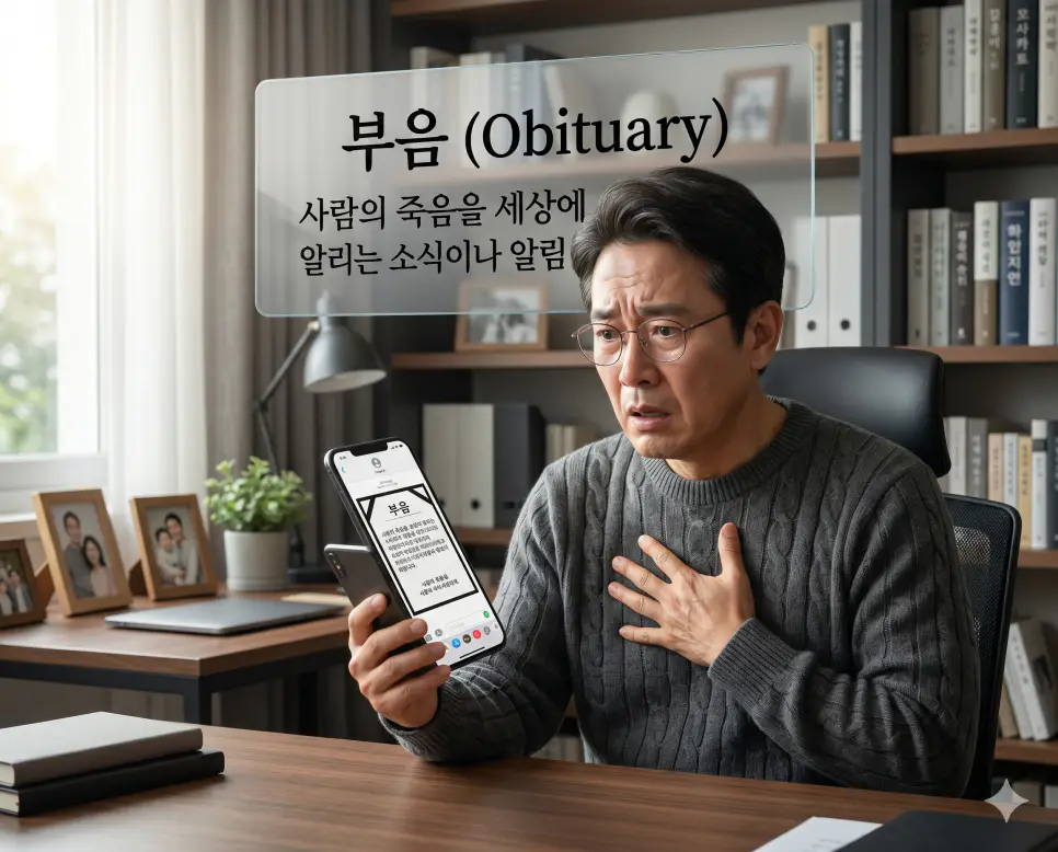 부음(Obituary)의 정서적이고 무거운 개념을 직관적으로 설명하기 위해, 고요하고 차분한 조명의 서재 안에서 중년의 한국인 남성이 스마트폰에 뜬 검은 띠가 둘러진 부고 알림 소식을 접하고 큰 충격과 슬픔이 서린 표정으로 가슴을 움켜쥐고 있는 찰나를 촬영한 고해상도 실사 이미지입니다. 사람의 죽음을 세상에 알리는 소식이 전해졌을 때의 긴장감과 슬픔을 인물의 표정을 통해 한눈에 파악할 수 있도록 구현했습니다.