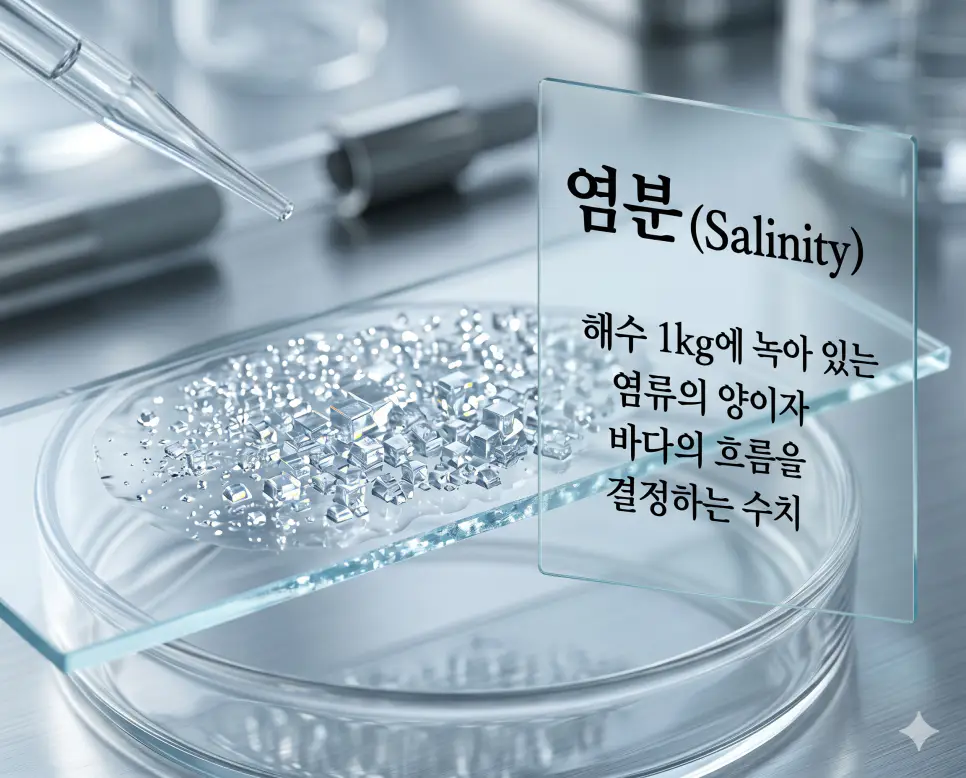 해안선 뜻, 염분 뜻, 이안류 뜻: 해양 영토의 기준과 위험한 해상 현상 분석 2 염분 뜻을 시각화하기 위해 바닷물 속의 염류 함량을 분석하는 과학적인 연구 분위기와 소금 결정을 담은 사진
