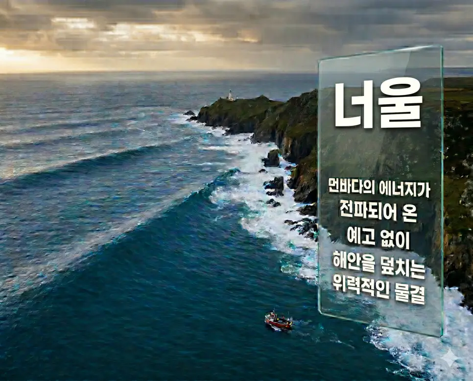 너울 뜻, 적조 뜻, 삼각주 뜻: 해상의 복병과 하구 지형의 특징 분석 1 너울 뜻을 설명하기 위해 먼바다의 에너지가 전파되어 예고 없이 해안을 덮치는 긴 파장의 강력한 물결 실사 이미지