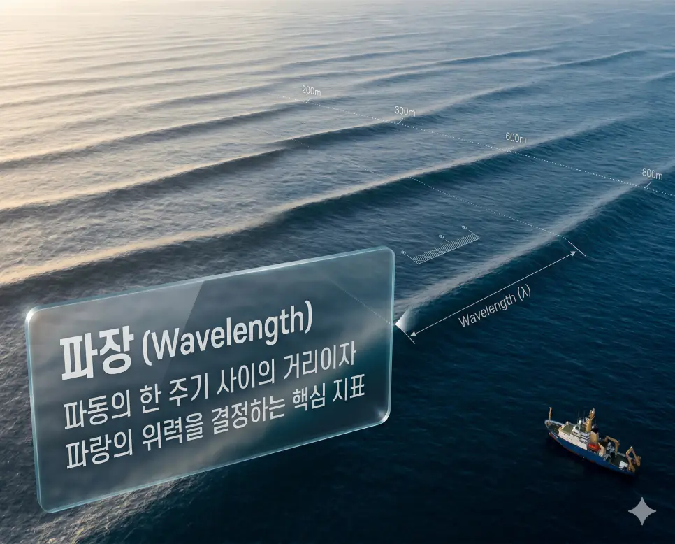 파장 뜻을 시각화하기 위해 먼 바다에서 일정하게 밀려오는 거대한 파도의 수평적 거리와 패턴을 포착한 고화질 사진