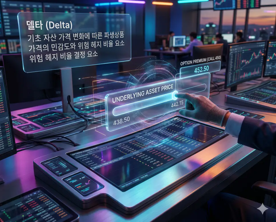 델타 뜻을 시각화하기 위해 기초 자산의 가격 변화에 따라 옵션 및 파생상품의 가격이 변하는 민감도를 제어 패널 인터페이스로 담은 초정밀 실사 이미지