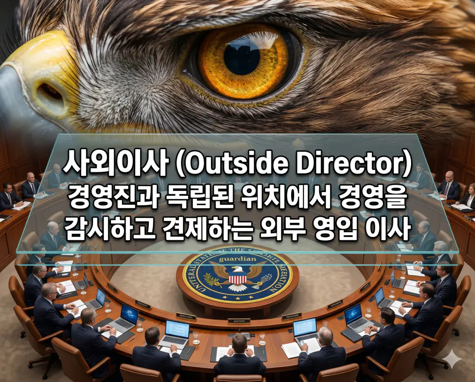 공시 뜻, 비상장주식 뜻, 사외이사 뜻: 기업 투명성과 고수익 투자의 핵심 정리 3 사외이사(Outside Director)의 역할을 상세히 전달하기 위해 경영진으로부터 독립된 위치에서 기업의 의사결정을 감시하고 견제하는 통찰력 있는 눈과 이사회 배경을 담은 자료입니다. 소액 주주의 권익을 보호하고 투명한 기업 거버넌스를 강화하는 전문가의 상징적 모습을 담아냈습니다.