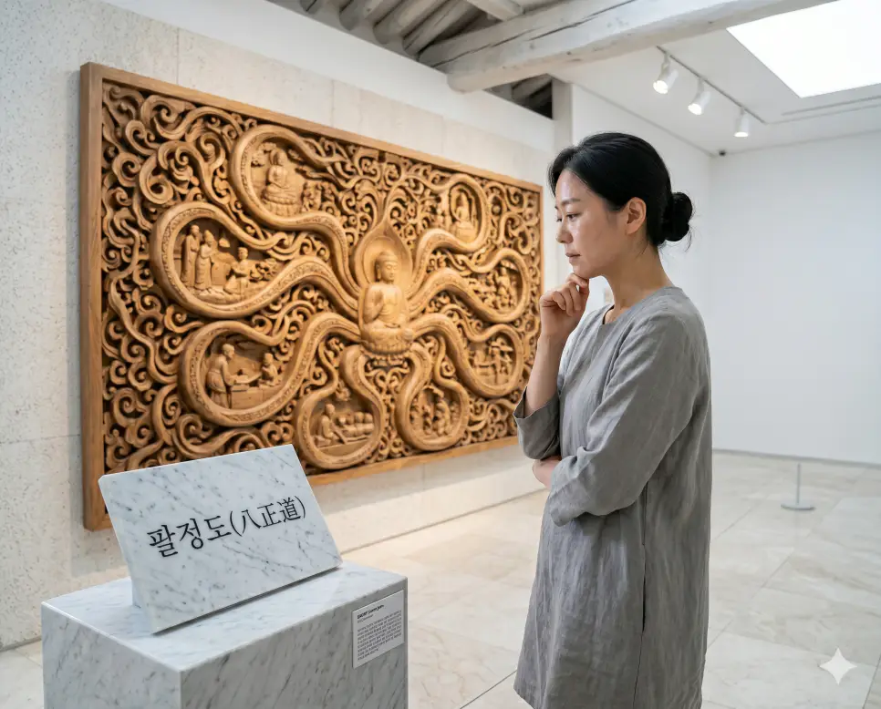 팔정도 바른 길 의미를 시각화하기 위해 밝은 사찰 강당 안에서 한 여성이 깨달음의 목재 조각품을 보며 내면의 명상을 하는 인물 실사 모습