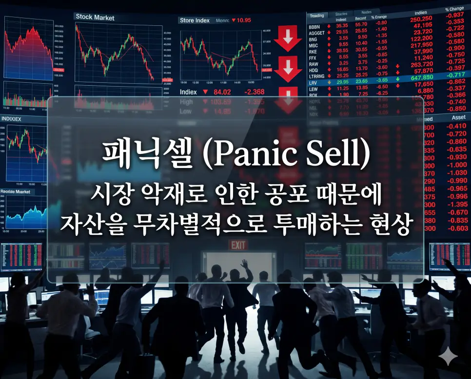 버블 뜻, 패닉셀 뜻, 퀀트투자 뜻: 시장 심리와 데이터 기반 투자 전략 정리 2 패닉셀(Panic Sell)의 긴박한 상황을 설명하기 위해 시장 악재로 인해 공포에 질린 투자자들이 자산을 무차별적으로 매도하며 가격 폭락을 유도하는 장면을 시각화한 초정밀 실사 이미지입니다. 심리적 압박으로 인한 투매 현상과 시장의 극심한 변동성을 강조하여 담아냈습니다.