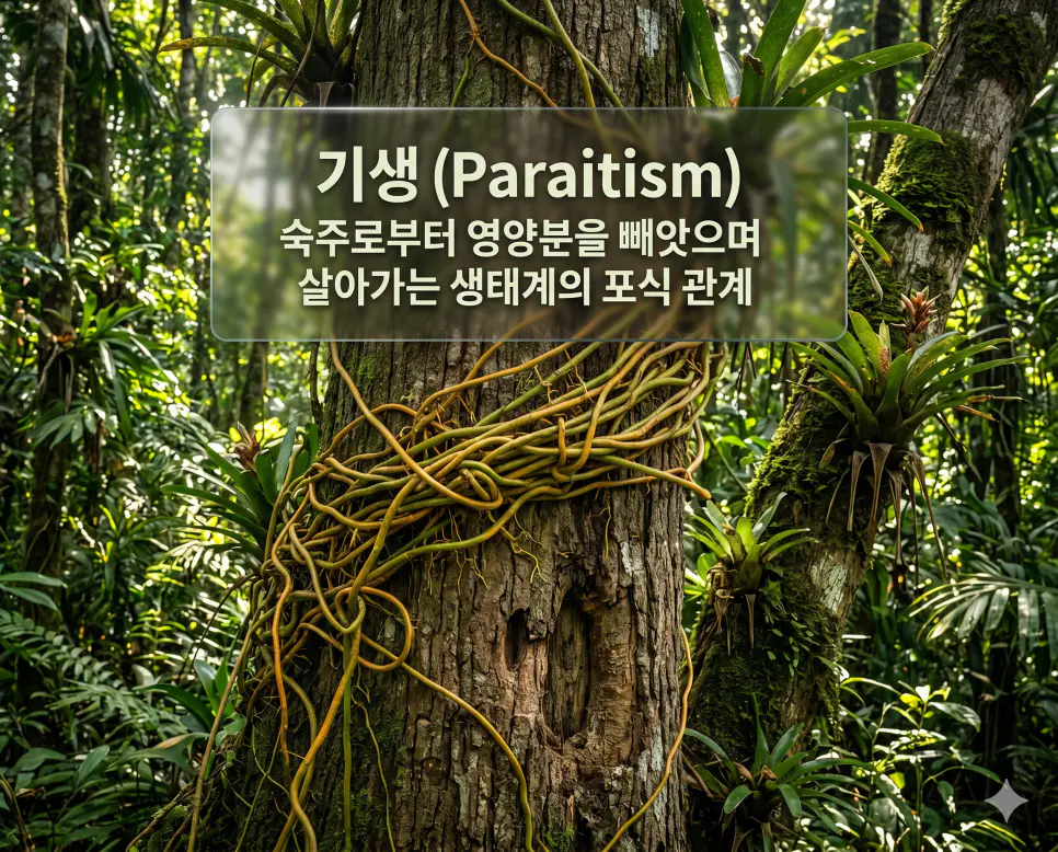 기생 뜻을 설명하기 위해 한 생물이 다른 생물의 영양분을 빼앗으며 피해를 주는 생태계의 복잡한 먹이 사슬과 생활 방식을 표현한 시각 자료