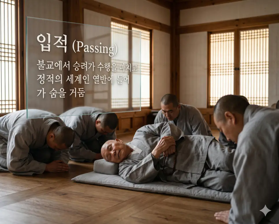 입적(Passing)의 불교적 임종 개념을 직관적으로 설명하기 위해, 전통 한지 창호로 장식된 소박하고 정갈한 사찰 방 안에서 평생의 수행을 마치고 고요하게 숨을 거둔 노스님을 향해 젊은 제자 스님들이 깊은 존경과 예우를 담아 장엄하게 절을 올리는 풍경을 근접 촬영한 고해상도 실사 이미지입니다. 수행자가 정적의 세계로 들어가는 엄숙하고도 경건한 이별의 순간을 인물들의 정중한 행동을 통해 한눈에 파악할 수 있도록 구현했습니다.