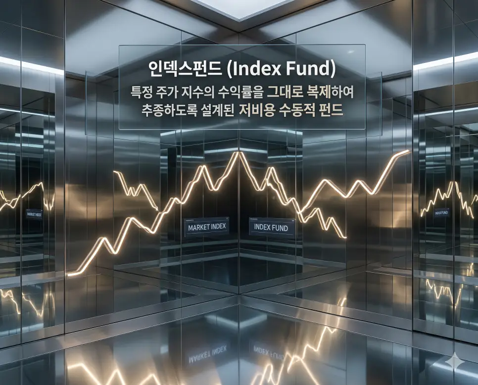 인덱스펀드 뜻을 설명하기 위해 특정 주가 지수의 수익률을 정교하게 복제하여 시장의 성장 흐름에 참여하는 수동적 펀드 구조를 시각화한 자료