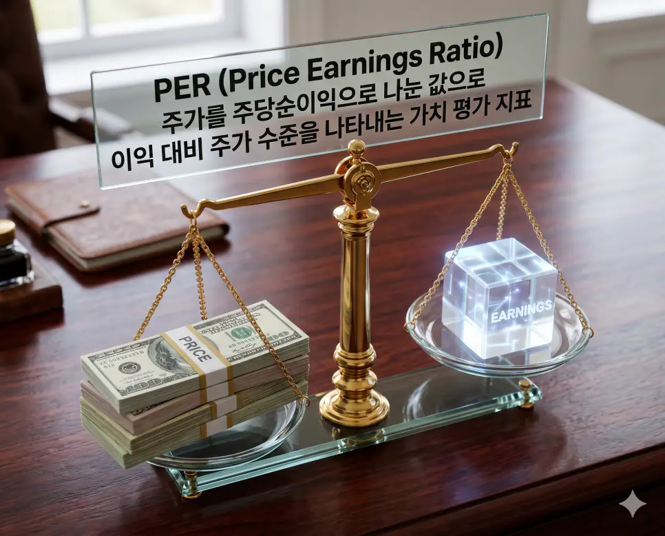 PER 뜻을 설명하기 위해 주가를 주당순이익으로 나누어 이익 대비 주가 수준을 평가하는 대표적인 가치 지표를 상징적으로 표현한 시각 자료