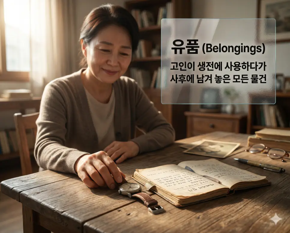 유품(Personal Belongings)의 정서적인 의미를 즉각적으로 인지할 수 있도록, 햇살이 부드럽게 비치는 고요한 방 안에서 한 한국인 여성이 돌아가신 분이 생전에 사용하던 낡은 손목시계와 손때 묻은 일기장을 정성스레 어루만지며 추억에 잠긴 애틋한 표정의 장면을 촬영한 고해상도 실사 이미지입니다. 고인이 사후에 남겨 놓은 소중한 물건들을 통해 삶의 궤적을 회상하는 따뜻하고 숭고한 순간을 시각화했습니다.