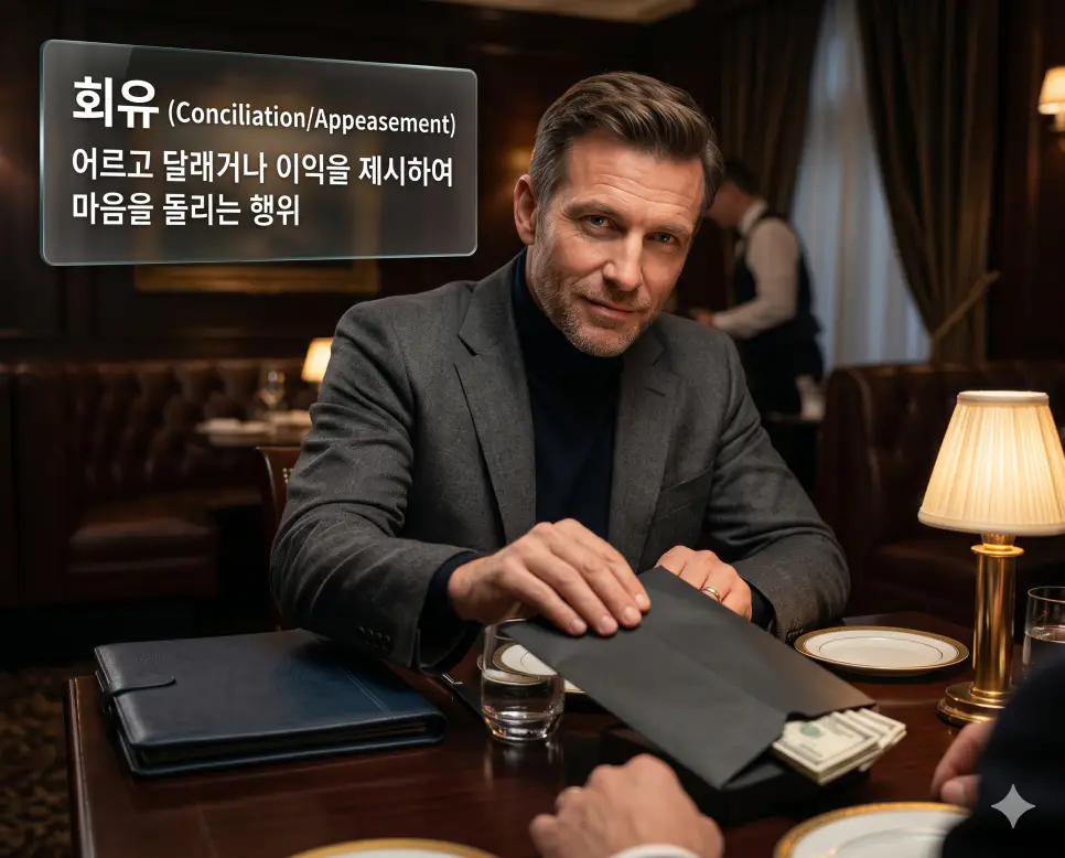 전향 뜻, 포섭 뜻, 회유 뜻: 신념의 반대 방향 변절과 자기편 조직원 확보 및 심리적 유인 행위 확인 3 회유 뜻을 정의하기 위해 고급 식당에서 상대방을 어르고 달래거나 거대한 이익을 제시하여 마음을 돌리려는 요원의 설득 장면을 담은 고품격 실사 이미지