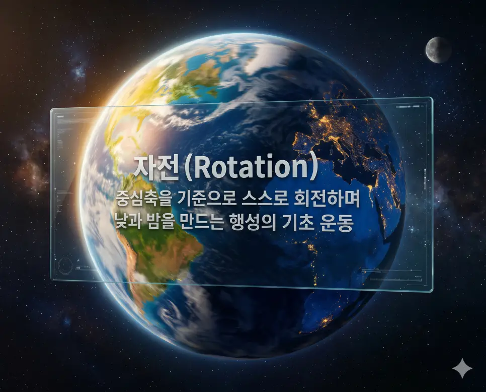 혜성 뜻, 위성 뜻, 자전 뜻: 우주의 전령과 공전의 동반자 및 행성 운동 분석 3 자전 뜻을 정의하기 위해 가상의 축을 중심으로 스스로 회전하며 낮과 밤의 경계를 만드는 행성의 역동적인 이미지
