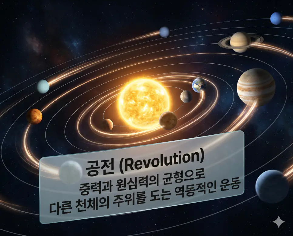 공전 뜻, 궤도 뜻, 별자리 뜻: 천체의 역학적 운동과 밤하늘의 이정표 분석 1 공전 뜻을 설명하기 위해 태양을 중심으로 행성들이 아름다운 궤적을 그리며 회전하는 역동적인 우주 실사 이미지