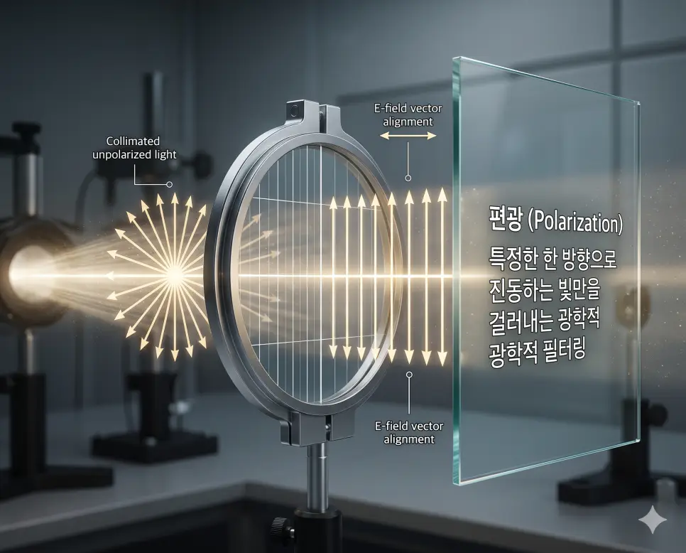 편광 뜻을 시각화하기 위해 여러 방향으로 진동하는 빛이 특정한 방향의 필터를 통과하며 정렬되는 광학적 과정을 담은 이미지