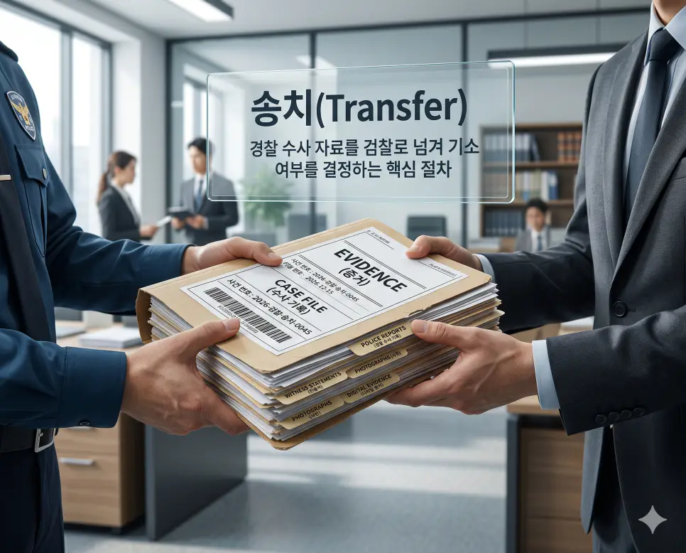 송치 뜻을 시각화하기 위해 경찰이 수사한 사건 기록과 증거물을 검찰로 넘겨 기소 여부를 판단하게 하는 형사 절차를 담은 이미지