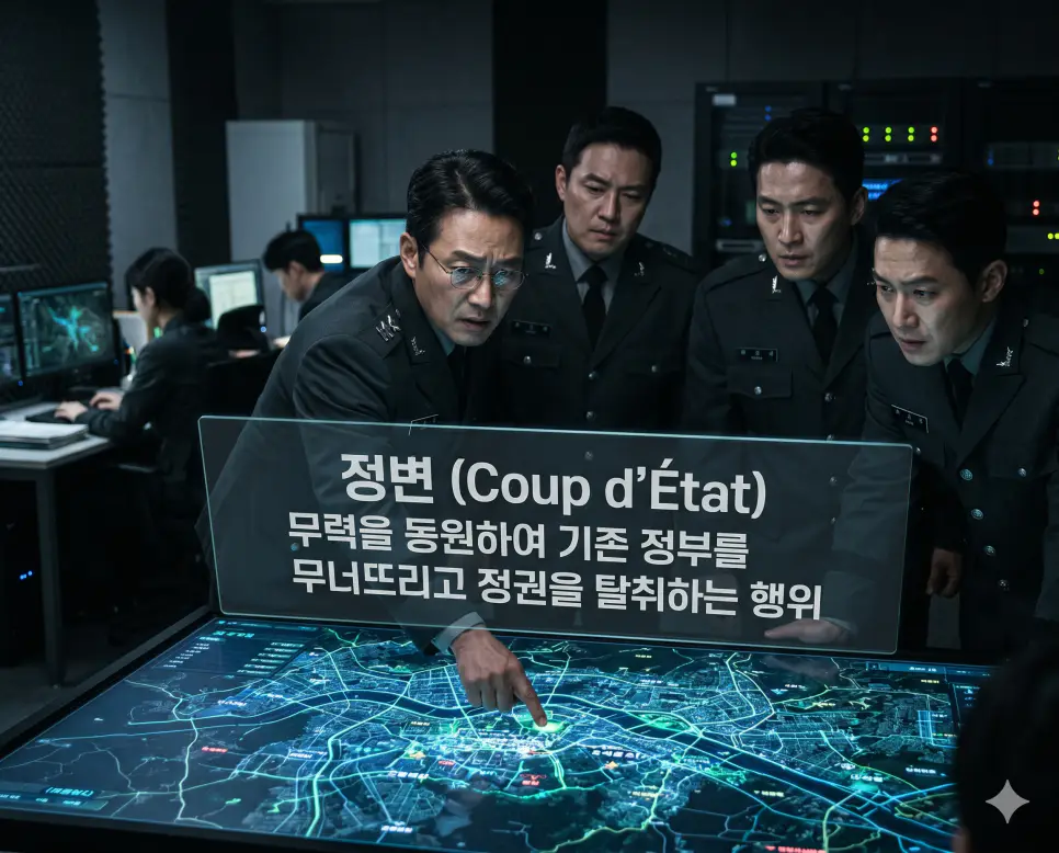 프로파간다 뜻, 계엄 뜻, 정변 뜻: 대중 선전 활동과 국가 비상사태 조치 및 비합법적 정권 탈취 확인 3 정변 뜻을 정의하기 위해 어두운 지휘소 내에서 정권 교체를 위한 치밀한 작전 지도를 분석하는 인물들의 날카로운 눈빛을 포착한 실사 이미지