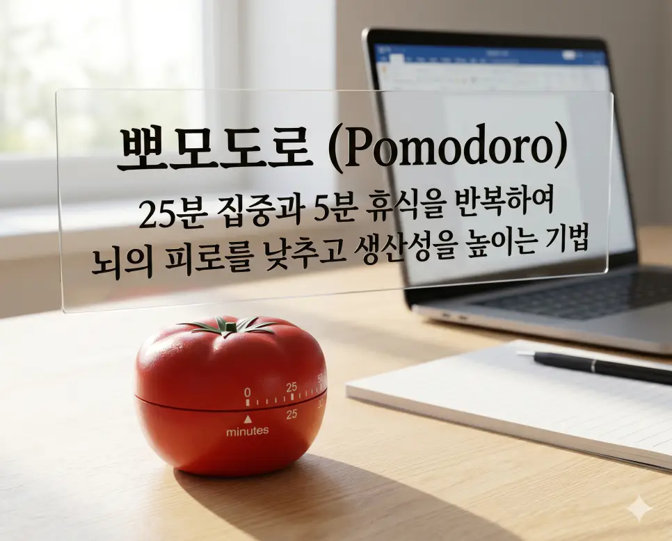 뽀모도로 뜻을 시각화하기 위해 토마토 모양 타이머를 활용하여 집중과 휴식을 반복하며 업무의 생산성을 높이는 시간 관리 기법을 담은 이미지