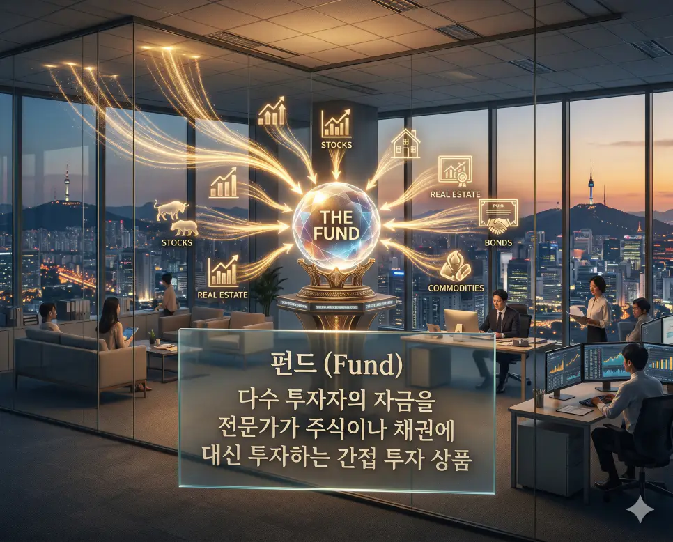 펀드 뜻을 시각화하기 위해 다수 투자자의 자금을 전문가가 대신 운용하여 다양한 자산에 분산 투자하는 과정을 상징적으로 표현한 초정밀 실사 이미지