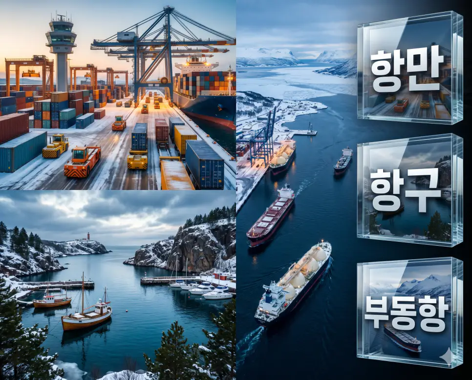 글로벌 경제의 심장인 항만, 자연의 쉼터인 항구, 안보의 요충지 부동항의 특징을 분석하는 프리미엄 비주얼 전략 포스터 이미지