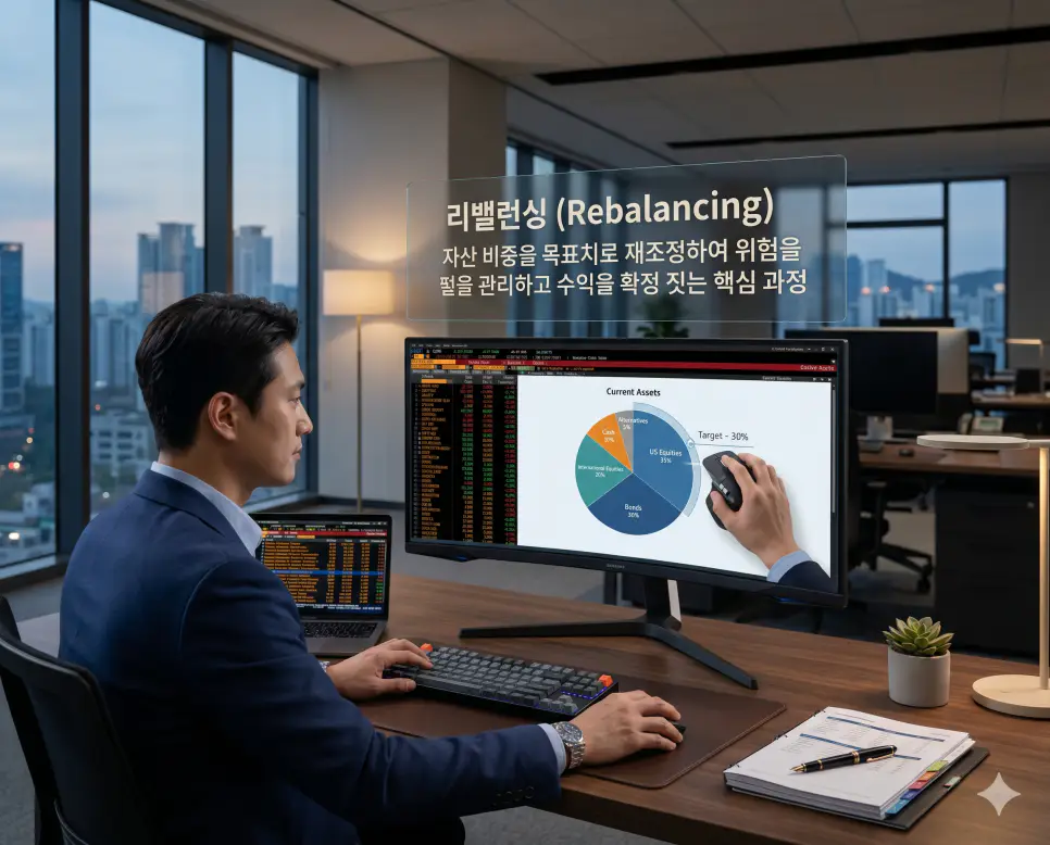 수급 뜻, 리밸런싱 뜻, 헷지 뜻: 안전하고 똑똑한 투자 운영 전략 2 리밸런싱 뜻을 시각화하기 위해 주가 변동으로 틀어진 자산 비중을 원래 목표치로 재조정하여 위험을 관리하는 전문가의 작업 환경을 담은 초정밀 실사 이미지