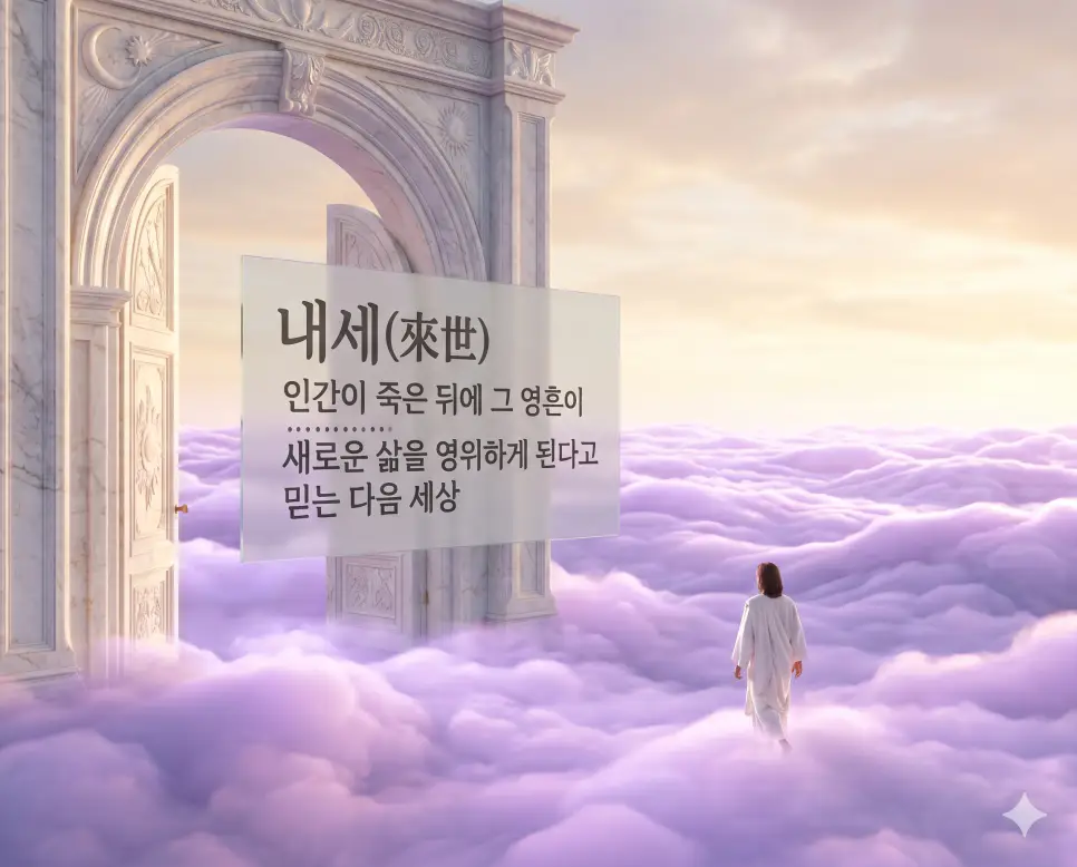 내세(來世)의 신비로운 사후 세계 개념을 생생하게 설명하기 위해, 실제 흰 대리석의 질감이 느껴지는 거대한 영적인 문 너머로 끝없이 펼쳐진 신비로운 연보랏빛 구름과 수평선을 향해 한 인물이 새로운 여정을 시작하는 장면을 촬영한 고해상도 실사 이미지입니다. 카메라 렌즈를 통해 보는 듯한 사실적인 조명 산란과 몽환적이면서도 실재감이 느껴지는 배경 묘사를 통해 죽음 뒤 영혼이 도달하는 다음 세상을 직관적으로 시각화했습니다.