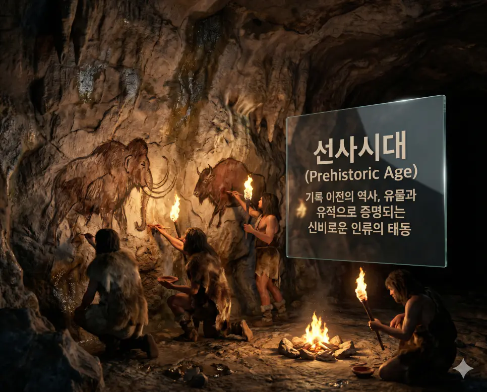 선사시대 뜻을 시각화하기 위해 기록 이전의 초기 인류가 동굴 벽에 사냥의 흔적을 남기며 신비로운 생활상을 이어가는 장면을 담은 이미지