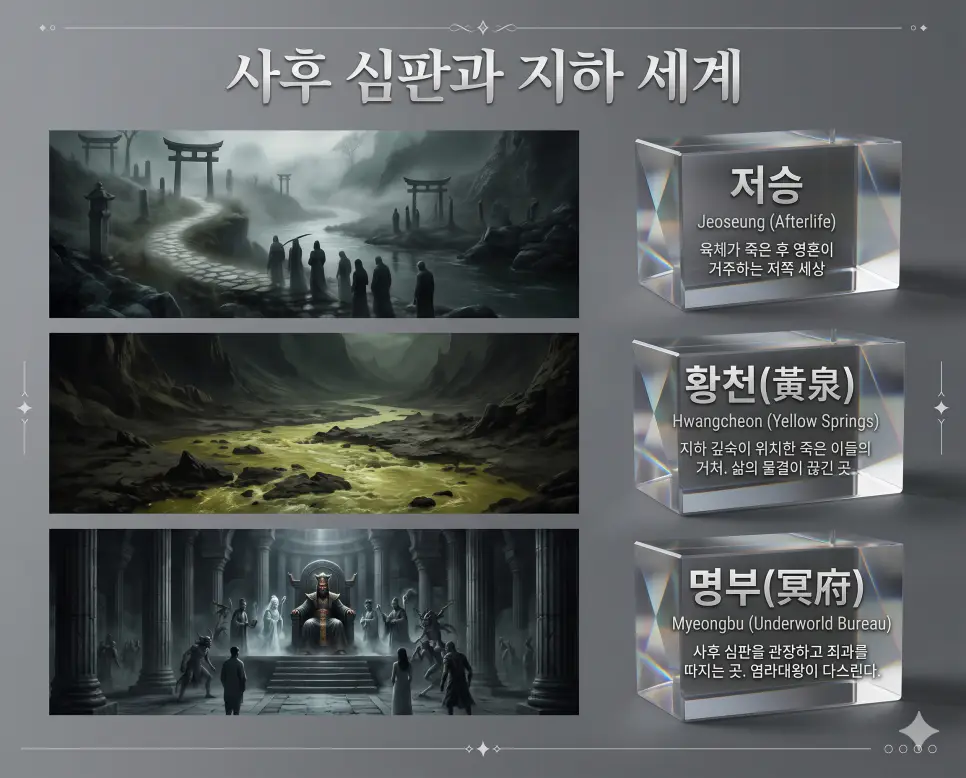 저승 뜻, 황천 뜻, 명부 뜻: 사후 심판과 영혼이 머무는 지하 세계 완벽 정리 4 사후 심판과 지하 세계를 다루는 핵심 용어인 저승, 황천(黃泉), 명부(冥府)의 뜻을 한눈에 비교할 수 있도록 각 개념을 대변하는 극사실주의 실사 자료를 체계적으로 배열한 프리미엄 인포그래픽 포스터입니다. 세련된 티타늄 그레이 배경 위에 정교한 레이아웃을 배치하고, 가독성 높은 실버 톤의 큰 글씨로 각 정의를 각인하여 압도적인 시각적 완성도를 구현했습니다.