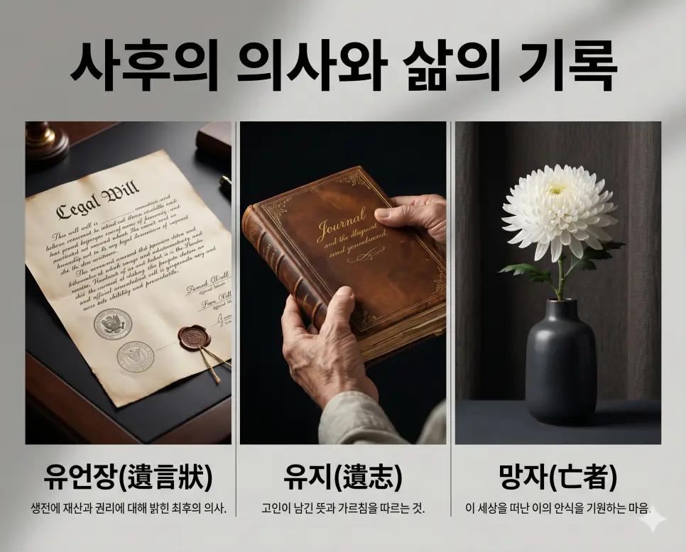 유언장 뜻, 유지 뜻, 망자 뜻: 생의 마지막 기록과 영혼이 남긴 숭고한 메시지 정리 4 유언장, 유지, 망자의 뜻을 매거진 포스터 레이아웃으로 비교 정리한 전문적인 인포그래픽 실사 포스터
