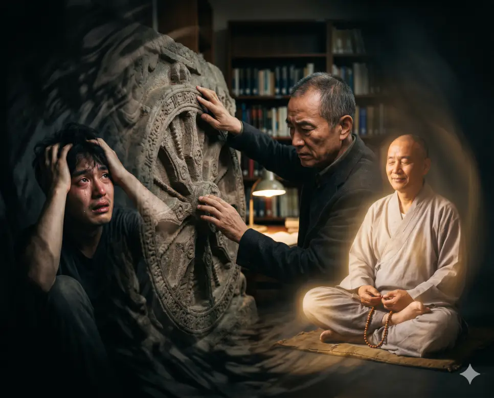 번뇌 뜻, 윤회 뜻, 열반 뜻: 세속적 집착을 끊고 도달하는 궁극적인 해탈과 평온 4 번뇌 뜻, 윤회 뜻, 열반 뜻 개념을 세계적인 포토다큐멘터리 잡지 사진 스타일로 깊이 있게 융합한 실사 포스터