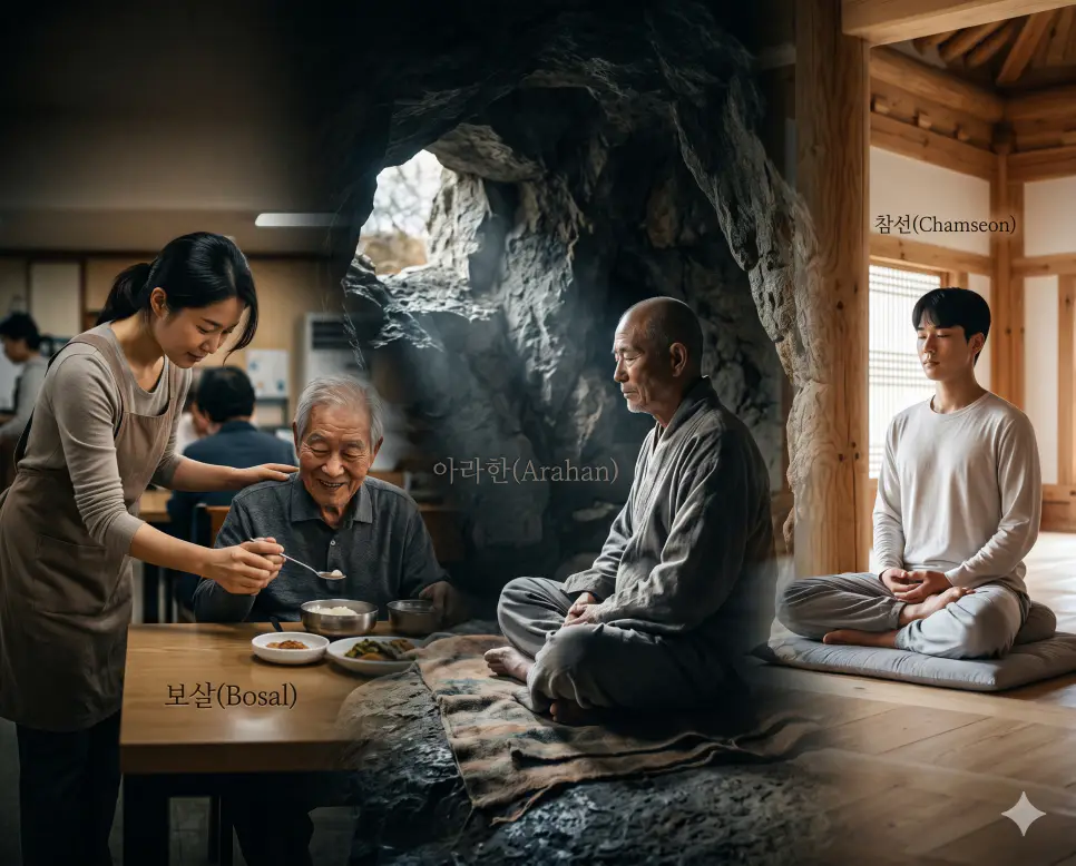 보살 뜻, 아라한 뜻, 참선 뜻: 중생 구제의 서원과 번뇌를 끊어내는 마음 수행법 4 보살 뜻, 아라한 뜻, 참선 뜻 개념을 세계적인 포토다큐멘터리 잡지 사진 스타일로 깊이 있게 융합한 실사 포스터