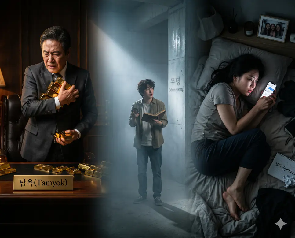 탐욕 뜻, 무명 뜻, 집착 뜻: 고통을 자아내는 근본적 무지와 마음의 병증 4 탐욕 뜻, 무명 뜻, 집착 뜻 개념을 세계적인 포토다큐멘터리 잡지 사진 스타일로 깊이 있게 융합한 실사 포스터