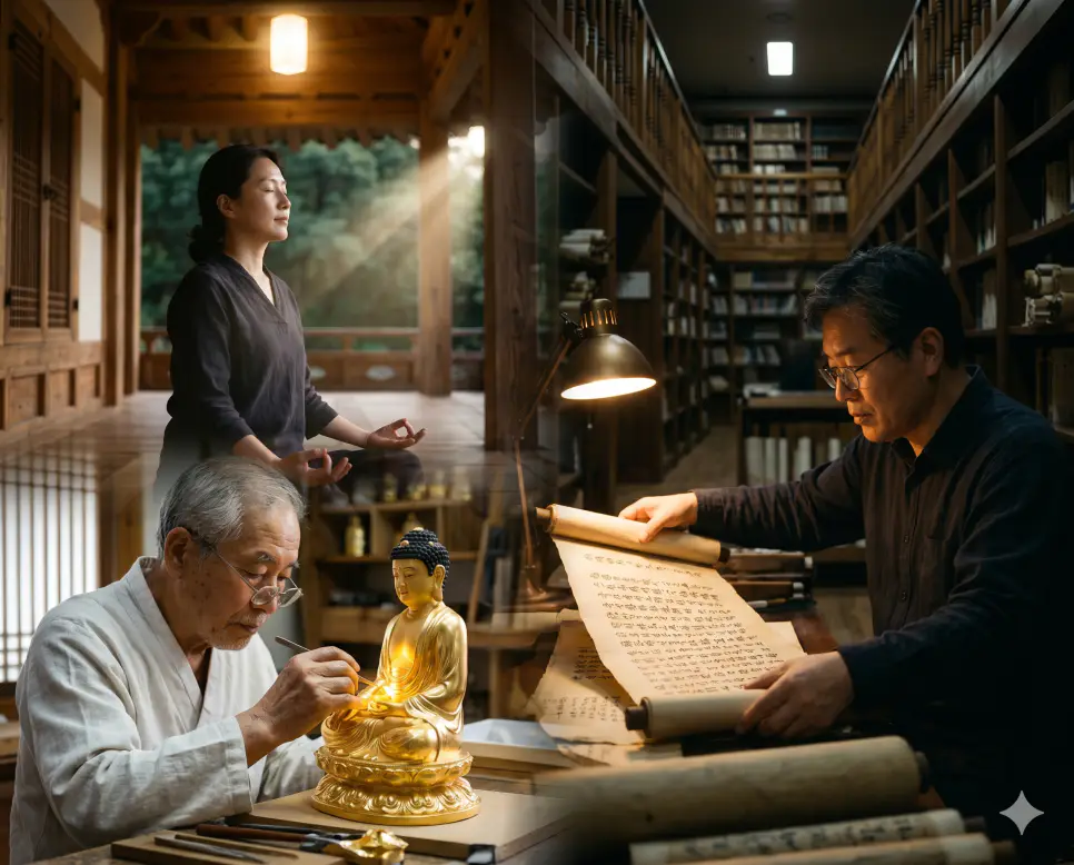 깨달음 뜻, 부처 뜻, 여래 뜻 개념을 세계적인 포토다큐멘터리 잡지 사진 스타일로 깊이 있게 융합한 실사 포스터