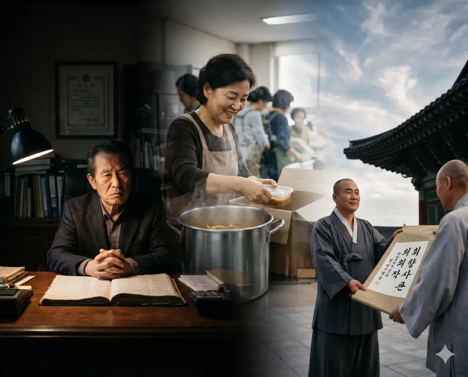 아집 뜻, 공덕 뜻, 회향 뜻 개념을 세계적인 포토다큐멘터리 잡지 사진 스타일로 깊이 있게 융합한 실사 포스터