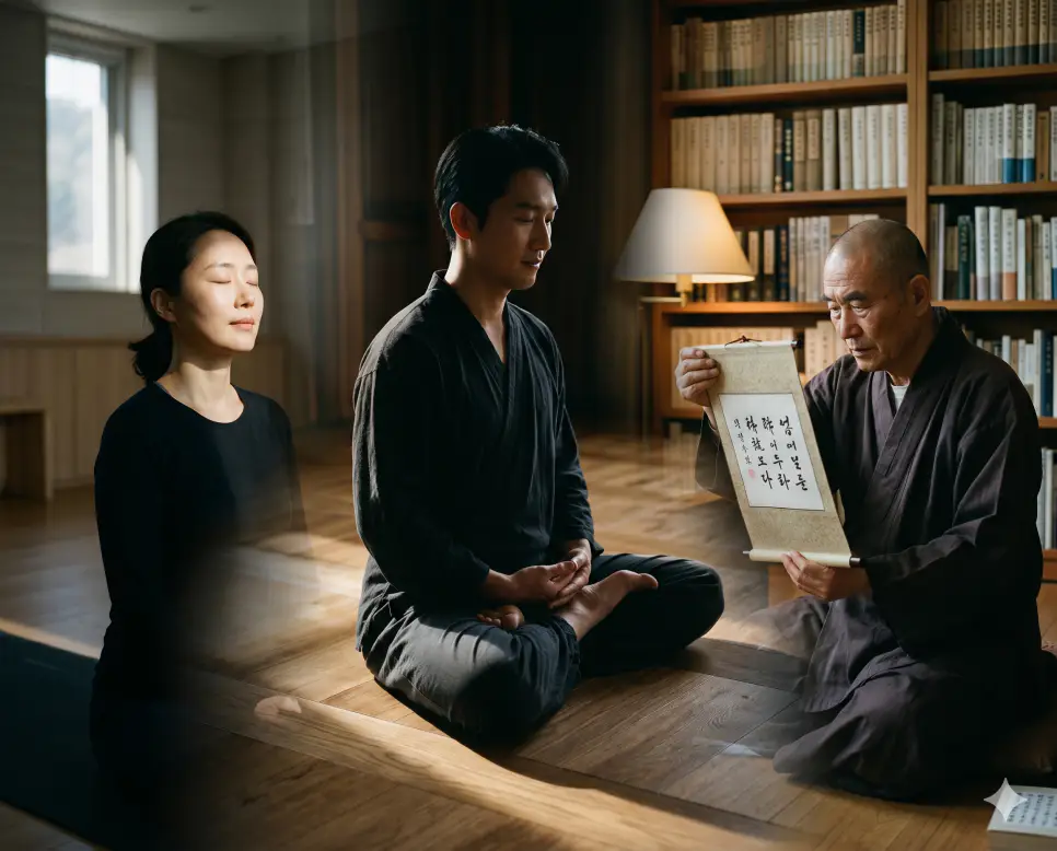 명상 뜻, 좌선 뜻, 화두 뜻 개념을 세계적인 포토다큐멘터리 잡지 사진 스타일로 깊이 있게 융합한 실사 포스터