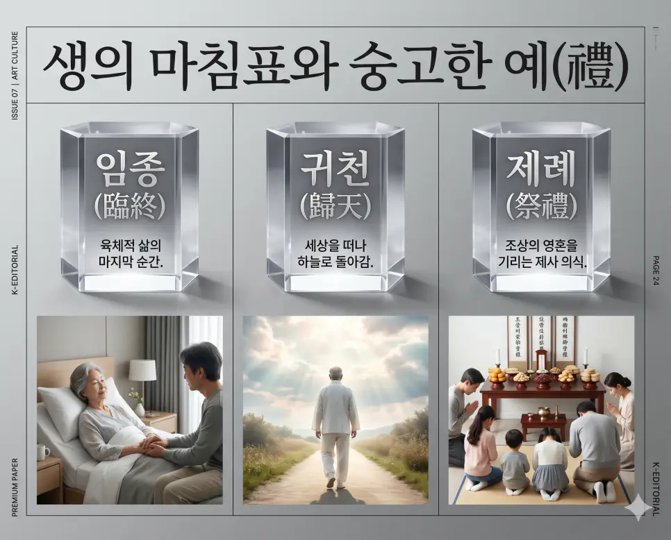 삶의 마지막 단계와 숭고한 예법을 다루는 핵심 용어인 임종, 귀천, 제례의 뜻을 한눈에 비교할 수 있도록 K-에디토리얼 매거진 포맷으로 재해석하여, 세련된 티타늄 그레이 배경 위에 정교하게 배열한 프리미엄 인포그래픽 포스터입니다. 각 개념을 상징하는 극사실주의 실사 이미지를 1:1로 배치하고, 투박한 글씨 대신 가독성 높은 실버/화이트 톤의 세련된 큰 글씨로 각 정의를 크리스털 프리즘 위에 각인하여 압도적인 시각적 완성도를 구현했습니다.