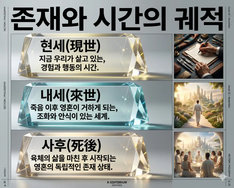 인간의 존재와 시간에 관한 핵심 용어인 현세(現世), 내세(來世), 사후(死後)의 뜻을 한눈에 비교할 수 있도록 각 개념을 대변하는 극사실주의 인물 중심 실사 자료를 체계적으로 배열한 프리미엄 인포그래픽 포스터입니다. 세련된 티타늄 그레이 배경 위에 정교한 레이아웃을 배치하고, 투박한 검정 글씨 대신 세련된 실버/화이트 톤의 적당한 크기 글씨로 각 정의를 각인하여 압도적인 시각적 완성도와 가독성을 구현했습니다.