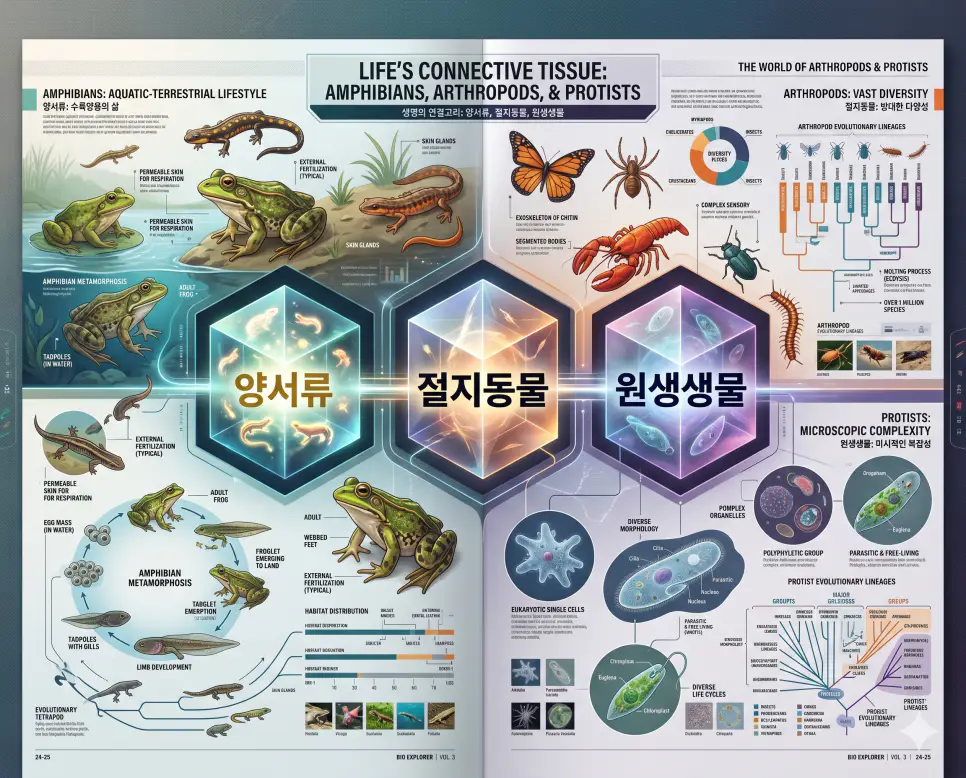 양서류 뜻, 절지동물 뜻, 원생생물 뜻: 생명 진화의 신비와 거대 생물군 분석 4 생존 전략이 다른 양서류의 특징과 절지동물의 다양성 및 생명의 기초인 원생생물의 복잡성을 비교 분석한 전문 매거진 스타일의 인포그래픽 포스터
