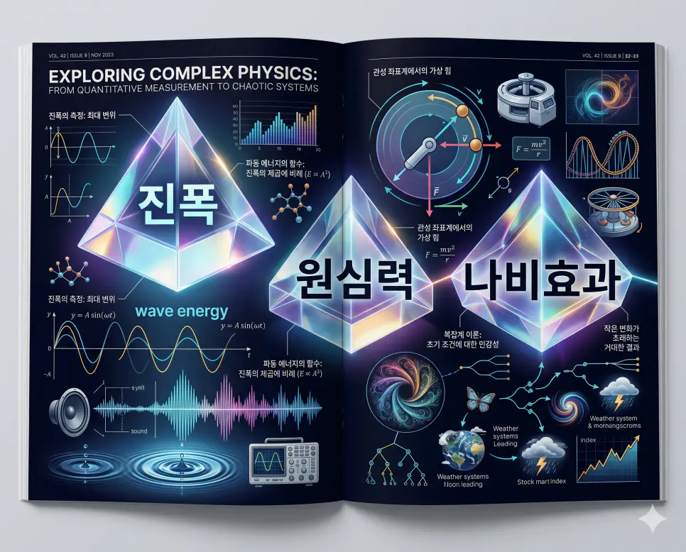 진폭 뜻, 원심력 뜻, 나비효과 뜻: 파동의 에너지와 회전 관성 및 복잡계 이론 정리 4 에너지의 크기를 결정하는 진폭과 회전 운동의 원심력 및 초기 조건의 중요성을 다루는 나비효과를 분석한 전문 매거진 스타일의 인포그래픽 포스터