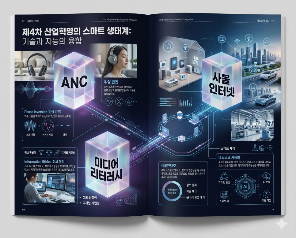 ANC 뜻, 미디어 리터러시 뜻, 사물인터넷 뜻: 기술과 지혜가 만나는 미래 4 소음 제어의 ANC와 정보 판별의 미디어 리터러시 및 사물 연결의 IoT를 분석한 전문 매거진 스타일의 고해상도 인포그래픽 포스터