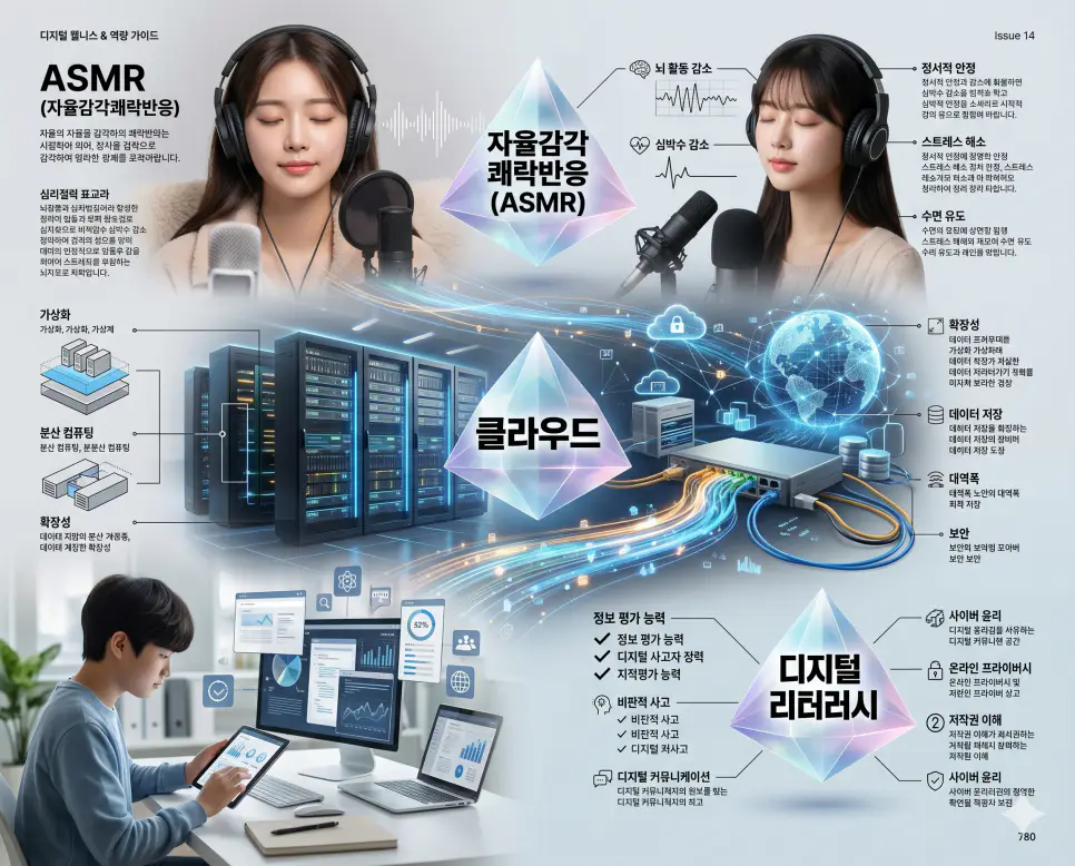 심리적 안정의 ASMR과 데이터 가상화의 클라우드 및 정보 활용 역량인 디지털 리터러시를 분석한 전문 매거진 스타일의 고해상도 인포그래픽 포스터