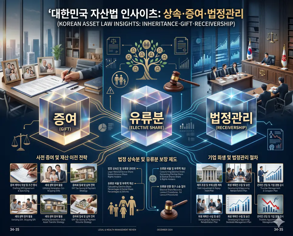 자산 이전의 증여와 상속 권리의 유류분 및 기업 회생의 법정관리 개념을 분석한 전문 매거진 스타일의 고해상도 인포그래픽 포스터