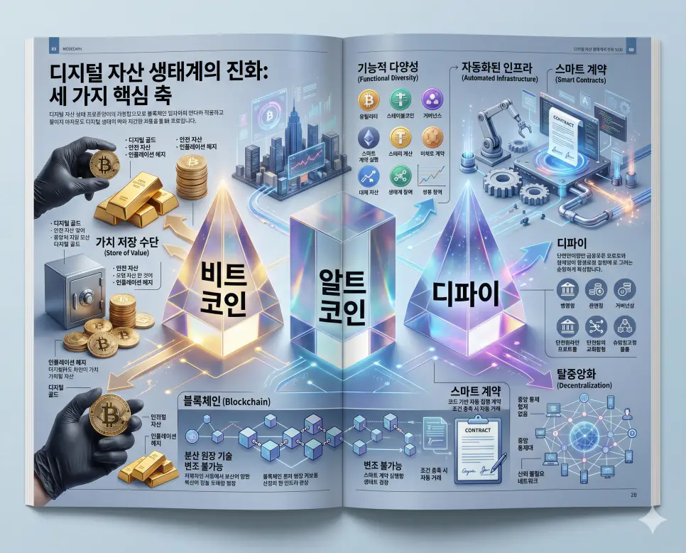 디지털 자산 시장의 삼각 편대인 비트코인, 알트코인, 디파이의 핵심 개념을 한눈에 파악할 수 있도록 제작된 전문 매거진 스타일의 프리미엄 인포그래픽 포스터입니다. 자산의 성격부터 기술적 차이, 금융 서비스의 변화까지 정교한 데이터와 함께 3D 크리스탈 질감의 세련된 디자인으로 구성하여 검색 엔진 최적화와 독자 가독성을 동시에 극대화한 시각 자료입니다.