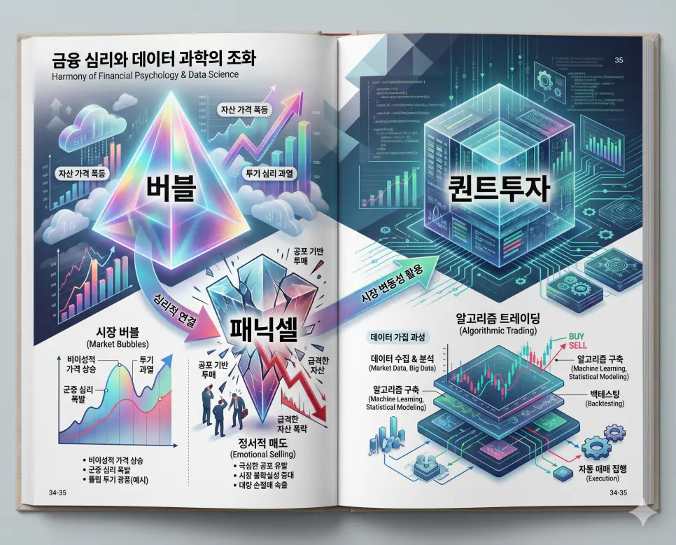 버블 뜻, 패닉셀 뜻, 퀀트투자 뜻: 시장 심리와 데이터 기반 투자 전략 정리 4 금융 시장의 심리와 전략을 결정짓는 버블, 패닉셀, 퀀트투자의 개념을 한눈에 파악할 수 있도록 제작된 전문 매거진 스타일의 프리미엄 인포그래픽 포스터입니다. 시장의 과열과 공포, 그리고 이성적인 데이터 분석 전략까지 정교한 데이터와 함께 3D 크리스탈 질감의 세련된 디자인으로 구성하여 가독성을 극대화한 시각 자료입니다.