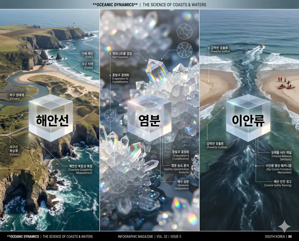 해안선 뜻, 염분 뜻, 이안류 뜻: 해양 영토의 기준과 위험한 해상 현상 분석 4 해양의 기초 지표인 해안선과 염분, 그리고 주의해야 할 이안류의 원리를 전문 잡지 레이아웃으로 분석한 프리미엄 인포그래픽 전략 포스터