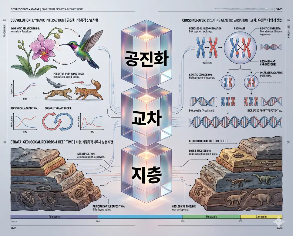 공진화 뜻, 교차 뜻, 지층 뜻: 유전적 상호작용과 지구의 기록 4 진화의 상호작용인 공진화와 유전의 다양성인 교차 및 지구의 기록물인 지층을 분석한 전문 매거진 스타일의 인포그래픽 포스터