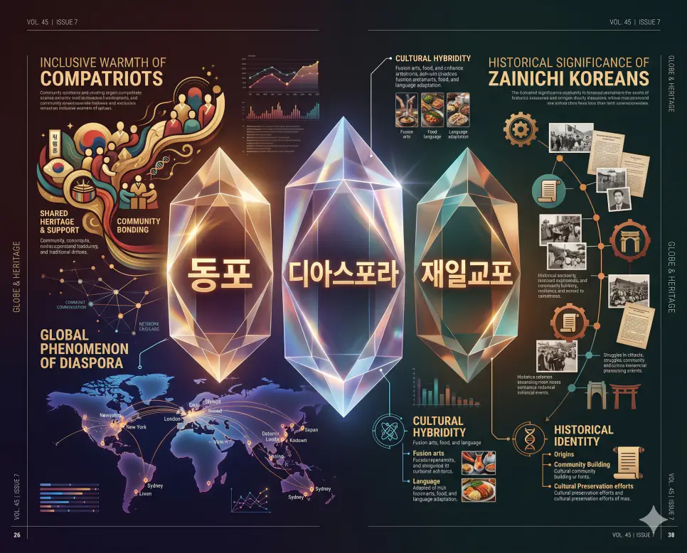 동포 뜻, 디아스포라 뜻, 재일교포 뜻: 한민족의 뿌리와 세계적 확산 4 포괄적인 민족애인 동포와 인문학적 개념인 디아스포라 및 한일 관계의 역사를 품은 재일교포의 삶을 분석한 전문 매거진 스타일의 인포그래픽 포스터