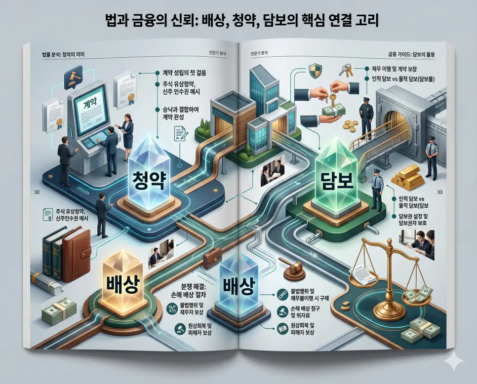 배상 뜻, 청약 뜻, 담보 뜻: 권리 구제와 계약의 안전장치 4 손해의 회복인 배상과 계약의 시작인 청약 및 거래의 신뢰를 높이는 담보를 분석한 전문 매거진 스타일의 고해상도 인포그래픽 포스터