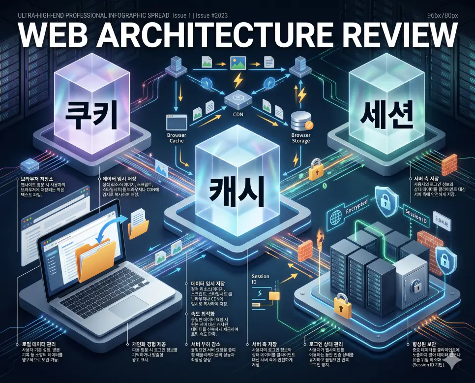 로컬 저장의 쿠키와 속도 최적화의 캐시 및 서버 측 보안의 세션 개념을 분석한 전문 매거진 스타일의 고해상도 인포그래픽 포스터